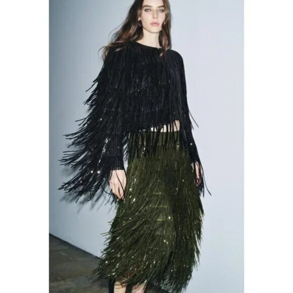 ZARA ZW COLLECTION LIMITED EDITION SEQUIN FRINGE SKIRT - Picture 4 of 9